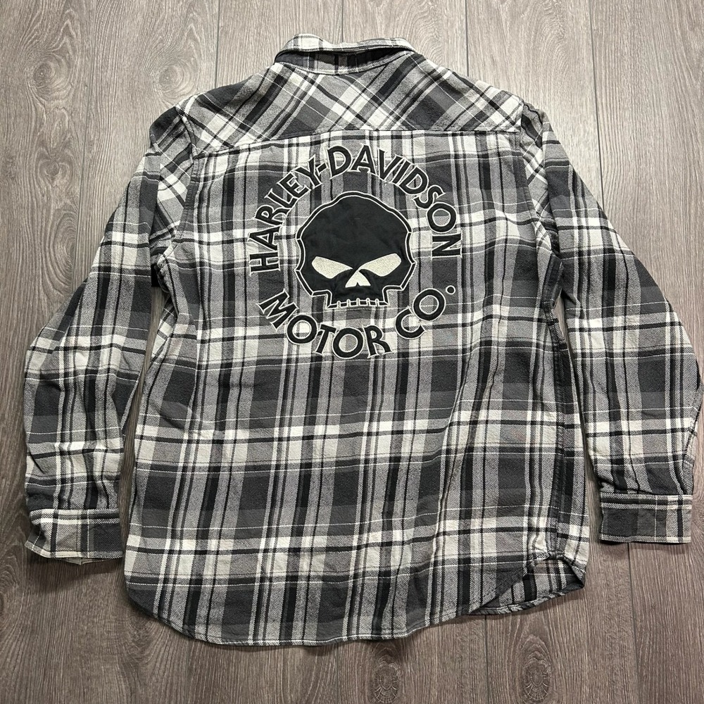Harley-Davidson Willie G Skull Plaid Flannel Shirt Mens XL Grey Heavy Weight